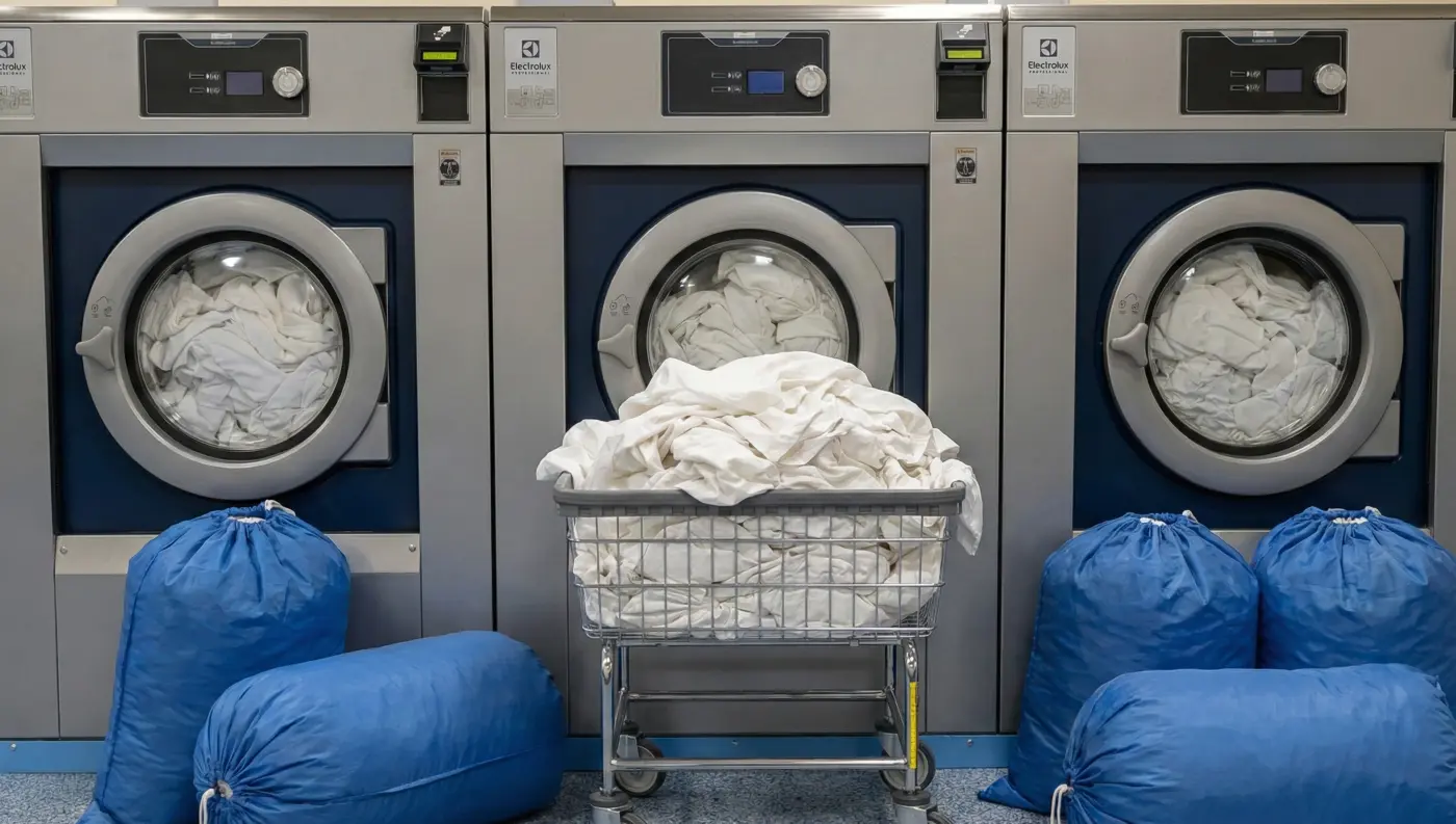 Fort Worth wash and fold laundry pickup and delivery service — commercial washers with fresh folded linens