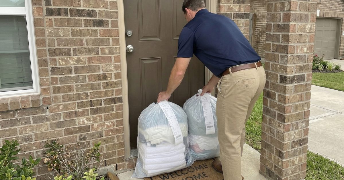 Driver dropping off clean folded laundry bags at the customer's front door